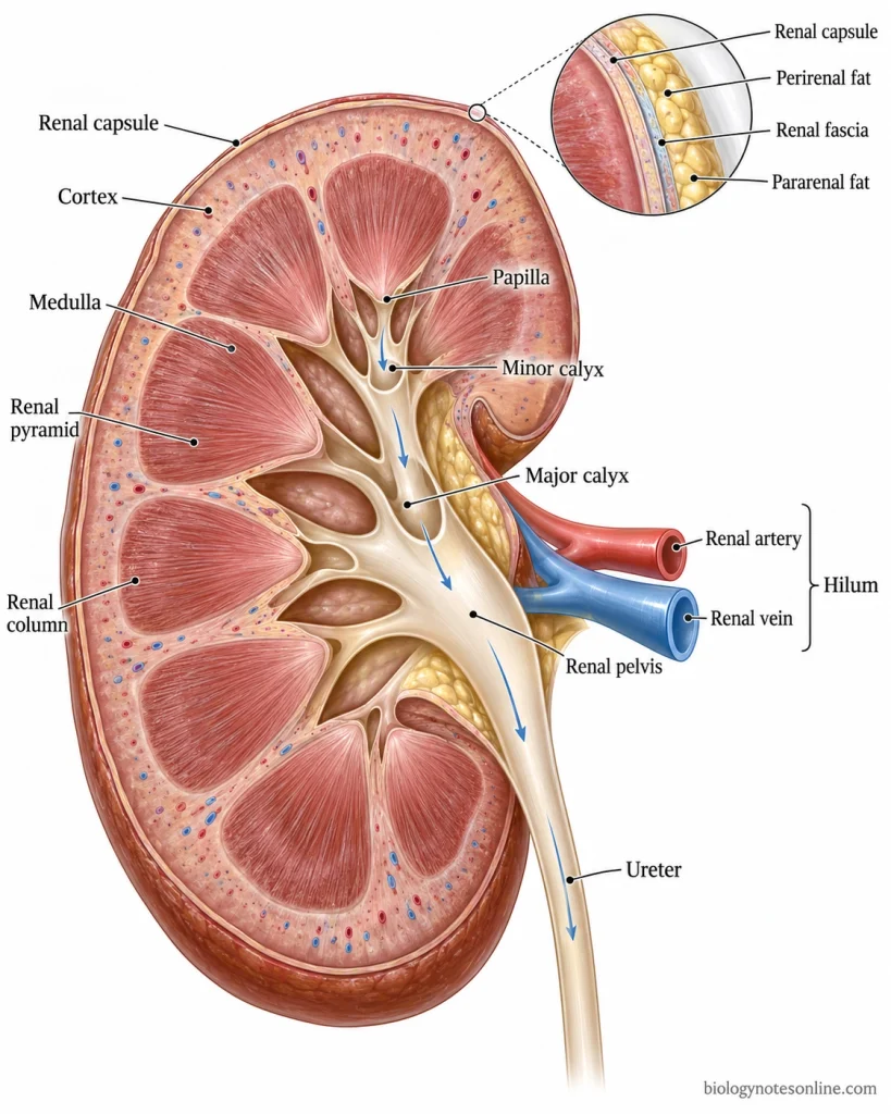 Cross-section of a kidney showing cortex, medulla, renal pyramids, papillae, calyces, renal pelvis, hilum, blood vessels, and urine flow into the ureter.
