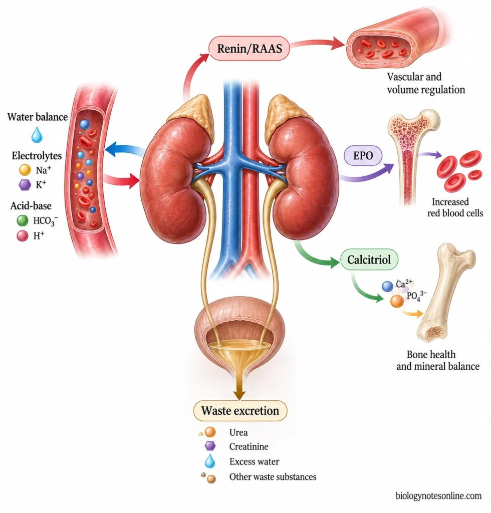 Integrated kidney physiology diagram showing regulation of water, electrolytes and acid-base balance, waste excretion, renin signaling, erythropoietin production, and vitamin D activation.