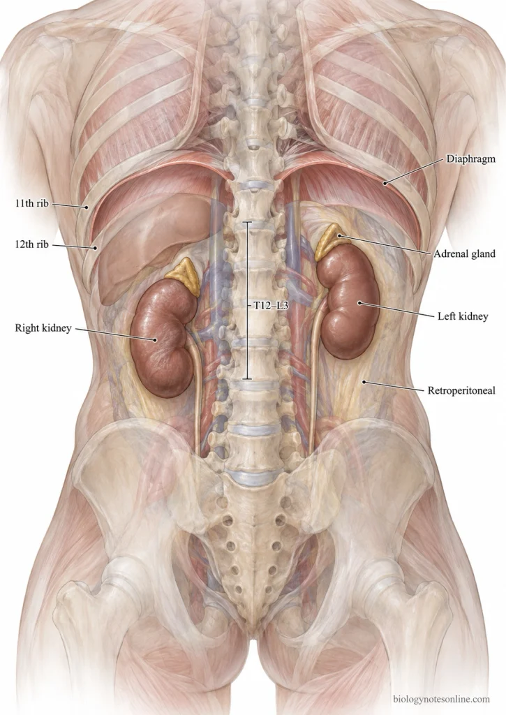 Posterior anatomical view showing the right and left kidneys beside the spine from approximately T12 to L3, with ribs, diaphragm, adrenal glands, and the right kidney positioned lower.