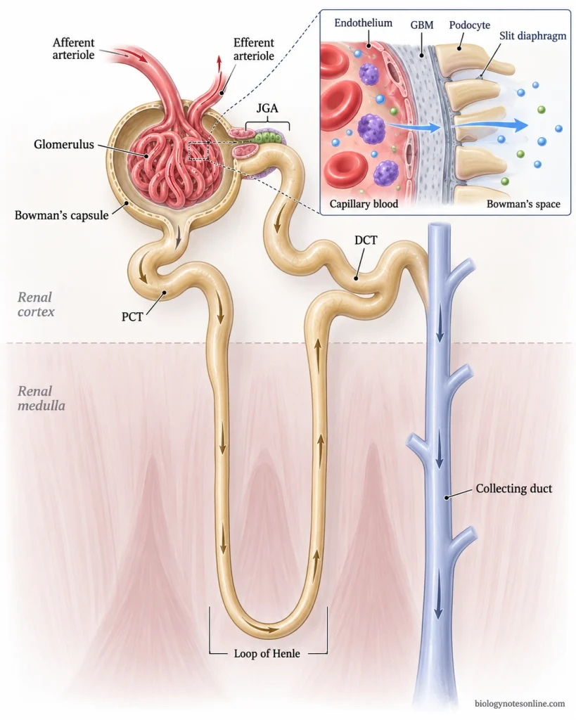 Nephron diagram showing the renal corpuscle, proximal tubule, loop of Henle, distal tubule, collecting duct, juxtaglomerular apparatus, and magnified glomerular filtration barrier.