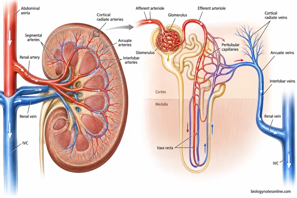 Renal circulation diagram tracing blood from the renal artery through intrarenal arteries, afferent arteriole, glomerulus, efferent arteriole, peritubular capillaries or vasa recta, and renal vein.