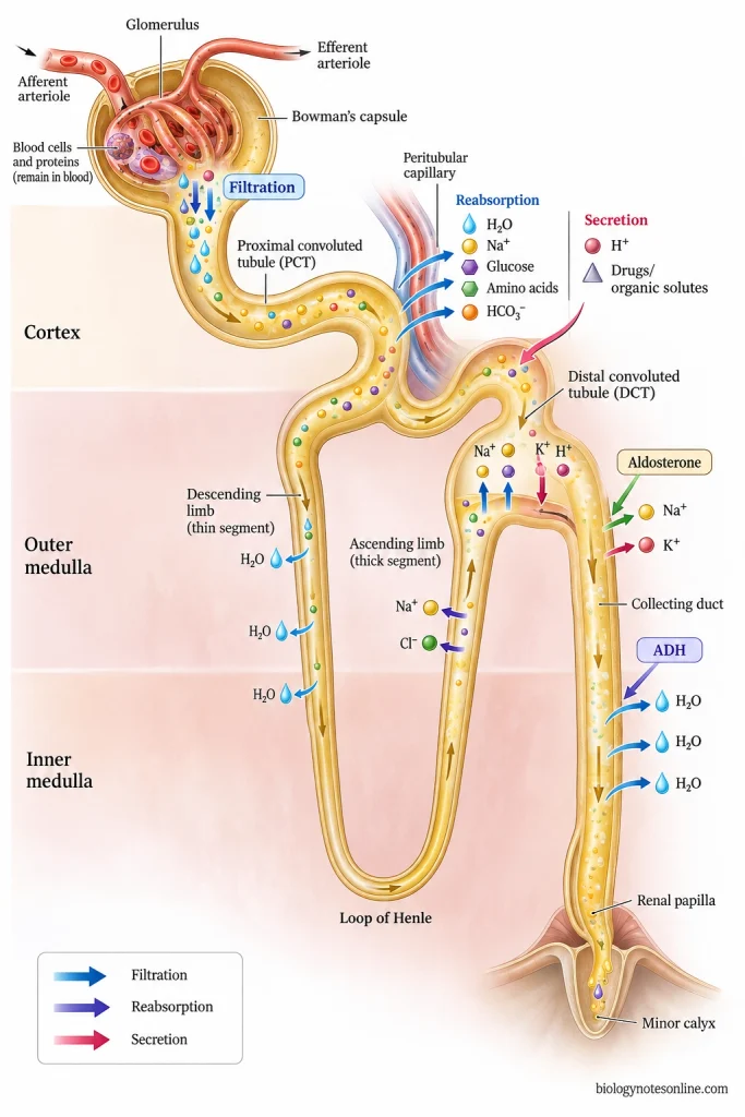 Nephron pathway showing glomerular filtration, tubular reabsorption and secretion, water movement in the loop of Henle, distal ion regulation, and ADH-dependent collecting-duct water reabsorption.
