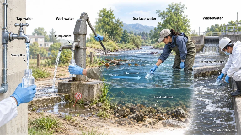 Comparison of sterile bacteriological sample collection from a distribution tap, well outlet, flowing surface water, and wastewater sampling point.