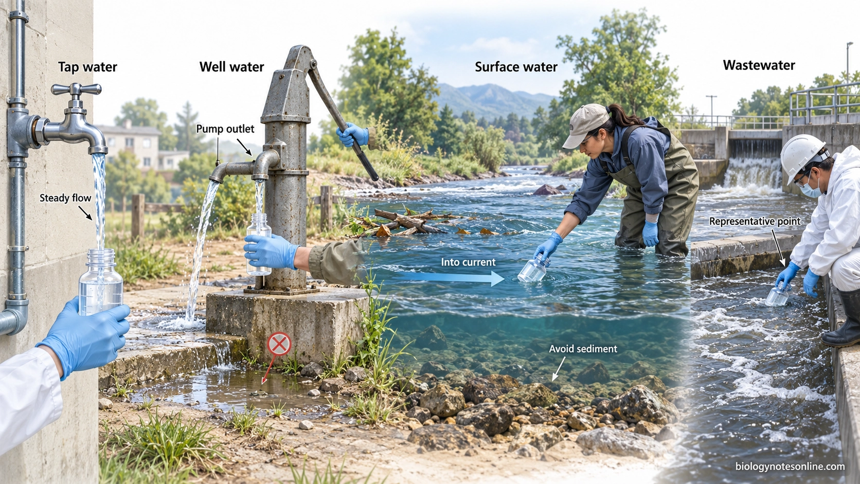 Comparison of sterile bacteriological sample collection from a distribution tap, well outlet, flowing surface water, and wastewater sampling point.