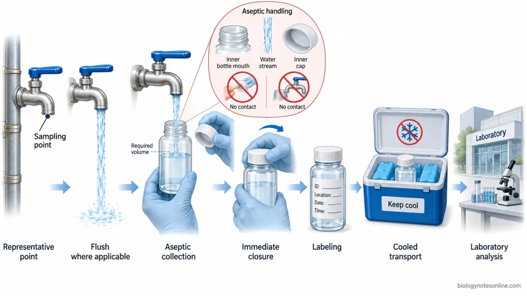 Workflow showing representative water-point selection, aseptic collection into a sterile bottle, sealing, labeling, cooling, and transport for bacteriological analysis.