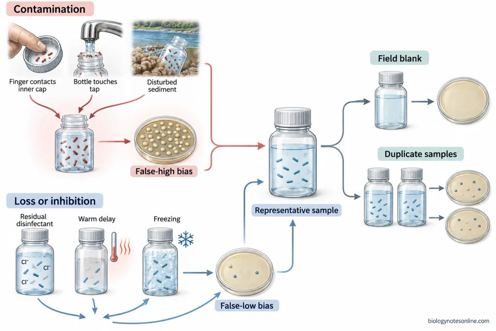 Quality-control schematic showing how contamination may increase bacterial results, while residual disinfectant, warm delays, or freezing may reduce recovery, alongside field blanks and duplicates.