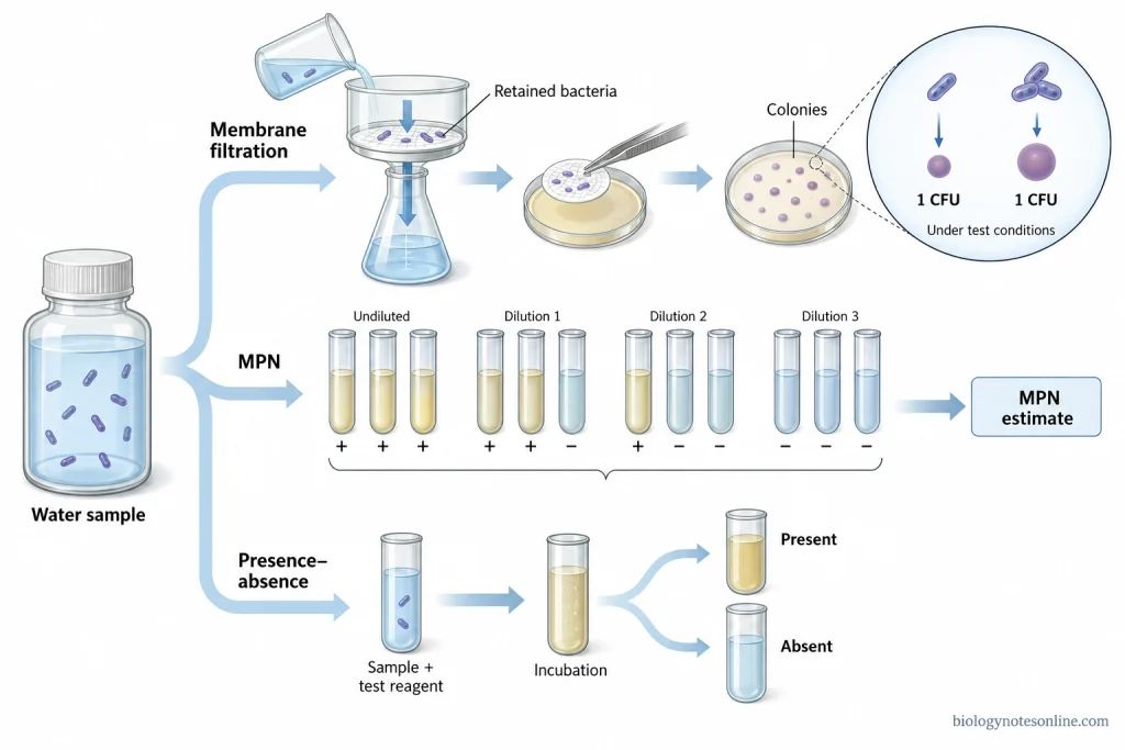 Branching workflow showing a water sample analyzed by membrane filtration with colony growth, MPN using positive and negative tubes, or a presence–absence test.