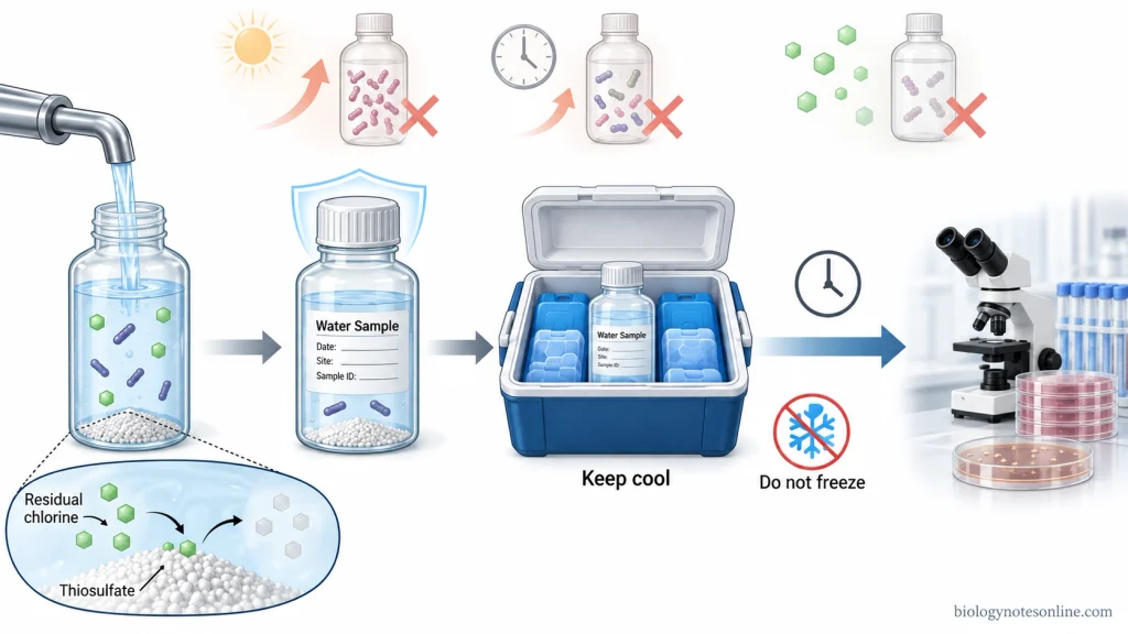 Water-sample preservation schematic showing disinfectant neutralization with sodium thiosulfate, sealed storage, cooling without freezing, and prompt laboratory transport.