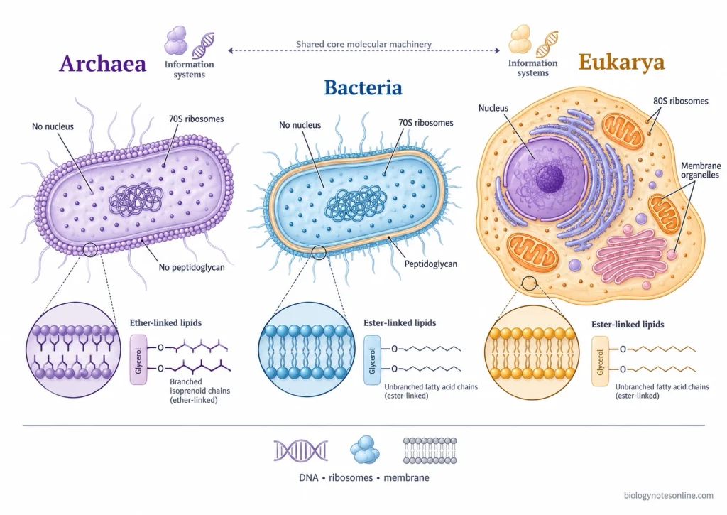 Three-Domain System (Carl Woese’s Classification): Basis and Domains 3 Comparison of representative archaeal, bacterial, and eukaryotic cells showing differences in nuclei, ribosomes, cell walls, and membrane lipid chemistry.