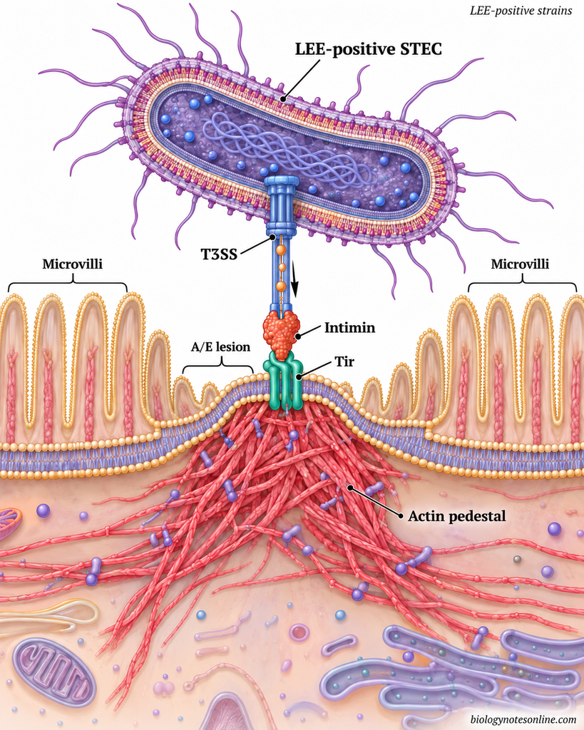 LEE-positive STEC attached to an intestinal epithelial cell through intimin and Tir, with type III secretion, microvillus effacement and actin-pedestal formation.