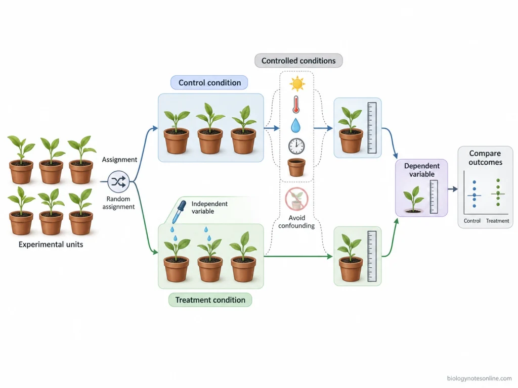 A controlled experiment compares outcomes between appropriate conditions while deliberately manipulating the factor of interest and managing other influences that could confound the result.
