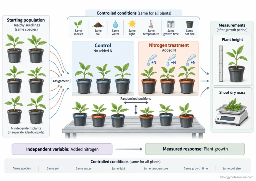 Seedlings assigned to control and added-nitrogen treatments under comparable soil, water, light, temperature, and growth conditions, with plant growth measured as the response.