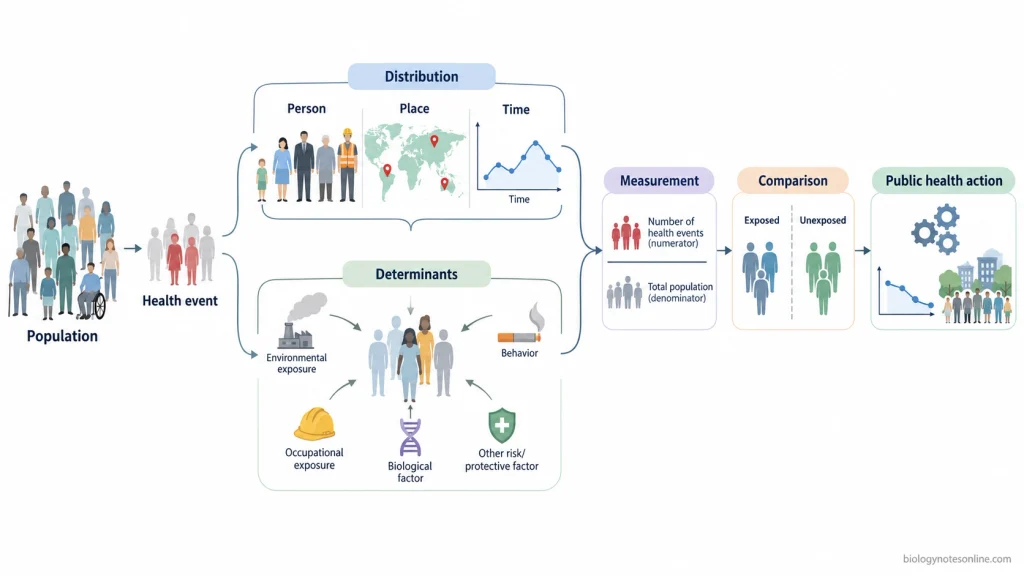 Scientific schematic showing how epidemiology studies health events in populations through distribution, determinants, measurement, comparison, and public-health action.
