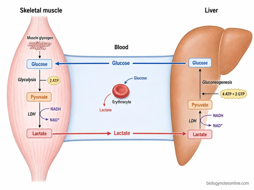 Cori Cycle: Definition, Steps, Energy Cost, and Significance 1 Cori cycle showing glucose conversion to lactate in skeletal muscle, lactate transport through blood to the liver, hepatic gluconeogenesis, and glucose return to muscle.