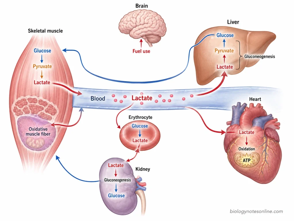 Cori Cycle: Definition, Steps, Energy Cost, and Significance 5 Lactate shuttle diagram showing lactate exchange among skeletal muscle, erythrocytes, liver, heart, brain, and kidney, with hepatic lactate-to-glucose recycling representing the Cori cycle.