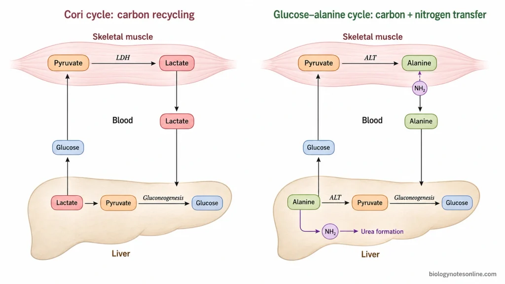 Cori Cycle: Definition, Steps, Energy Cost, and Significance 6 Comparison of the Cori and glucose–alanine cycles showing lactate transport in the Cori cycle and alanine-mediated carbon and nitrogen transport between muscle and liver.