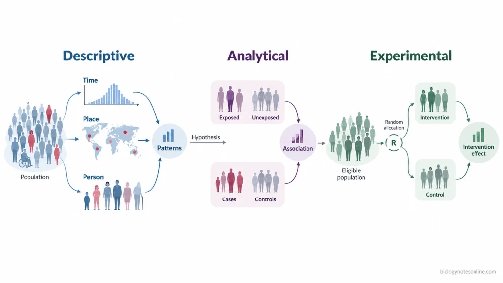 Comparison of descriptive epidemiology using person, place, and time; analytical epidemiology using comparison groups; and experimental epidemiology using assigned interventions.