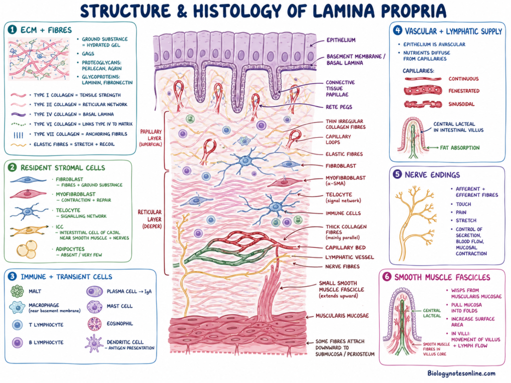 Schematic illustration showing the Structure and Histology of Lamina Propria