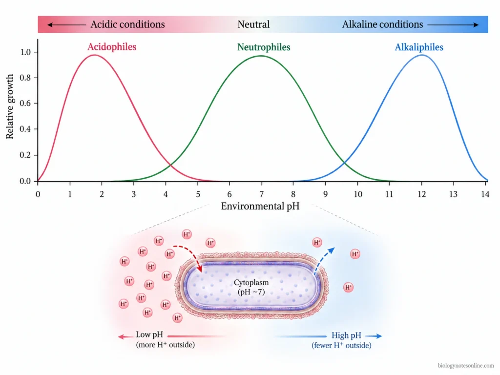 Growth curves across the pH scale showing acidophiles, neutrophiles and alkaliphiles with different optimum pH ranges.
