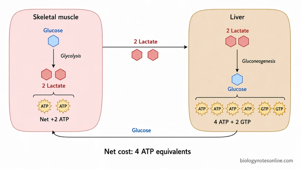 Cori Cycle: Definition, Steps, Energy Cost, and Significance 3 Muscle glycolysis produces 2 ATP per glucose, whereas hepatic regeneration of that glucose from lactate requires 4 ATP and 2 GTP, giving the canonical Cori cycle a net cost of four ATP equivalents.