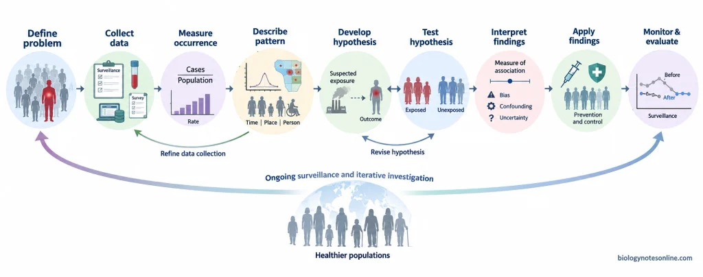 Workflow showing epidemiology progressing from defining a health problem and collecting data through measurement, pattern analysis, hypothesis testing, interpretation, action, and monitoring.