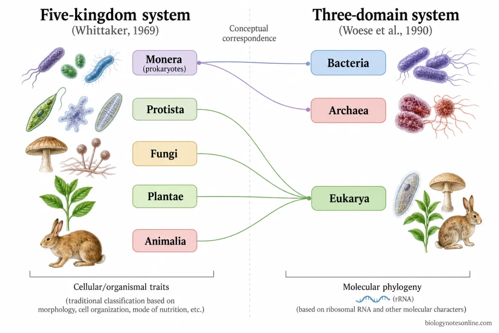 Three-Domain System (Carl Woese’s Classification): Basis and Domains 4 Comparison showing Monera corresponding to Bacteria and Archaea in the three-domain system, while the four eukaryotic kingdoms fall within Eukarya.