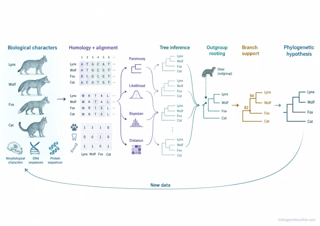 Workflow showing biological character collection, sequence alignment or homology assessment, alternative phylogenetic inference methods, rooting, branch support, and the final phylogenetic hypothesis.