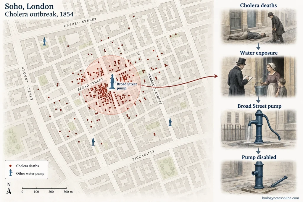 Schematic of John Snow's 1854 cholera investigation showing deaths clustered near the Broad Street pump, investigation of water exposure, and removal of the pump handle.
