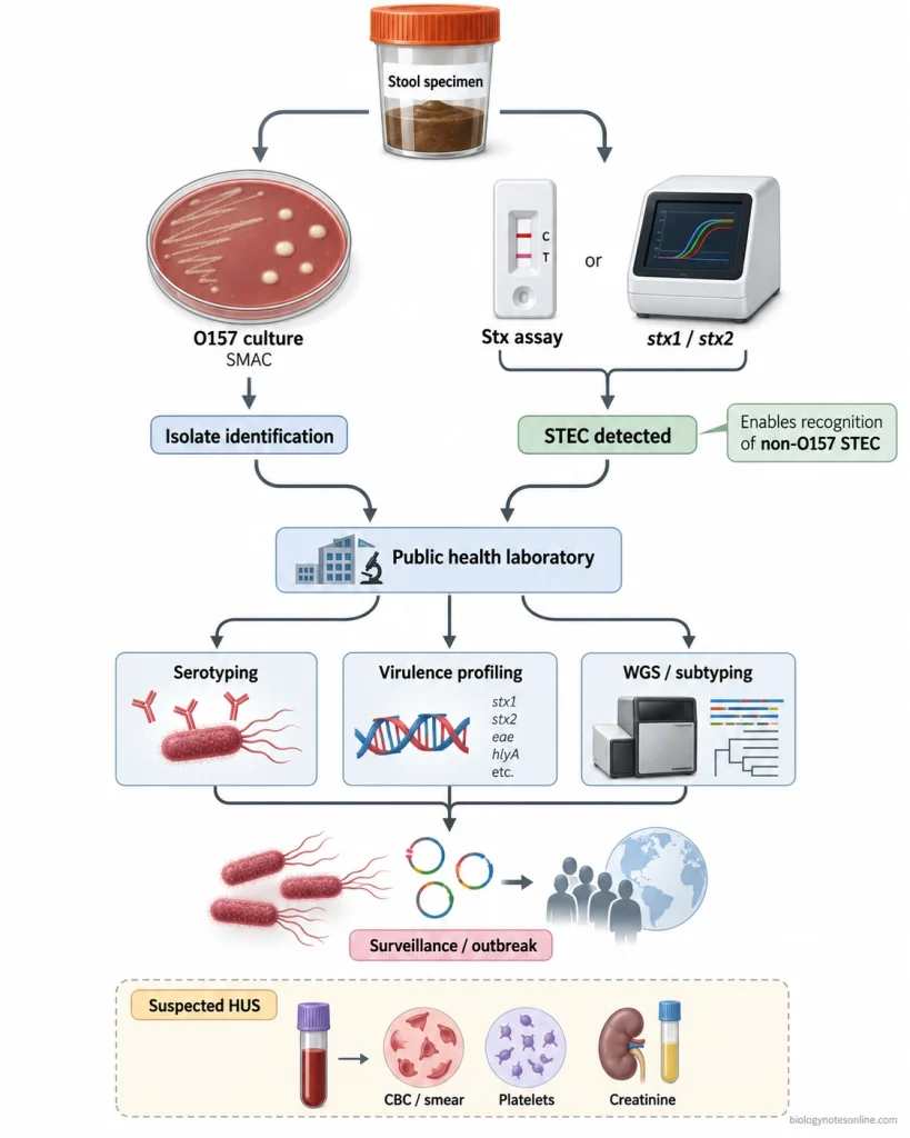 STEC diagnostic workflow showing stool testing by O157 culture and Shiga toxin or stx gene assays, followed by public-health characterization, serotyping and genomic subtyping.