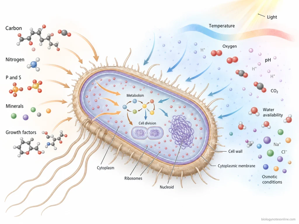 Bacterial cell surrounded by temperature, pH, oxygen, water, osmotic conditions and nutrient inputs that influence bacterial growth.