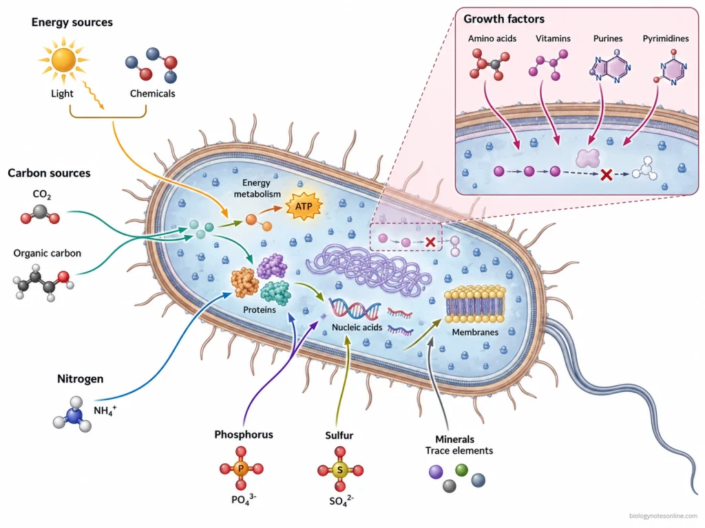 Bacterial cell receiving energy, carbon, nitrogen, phosphorus, sulfur, minerals and trace elements, with an inset showing externally required amino acids, vitamins, purines and pyrimidines as growth factors.