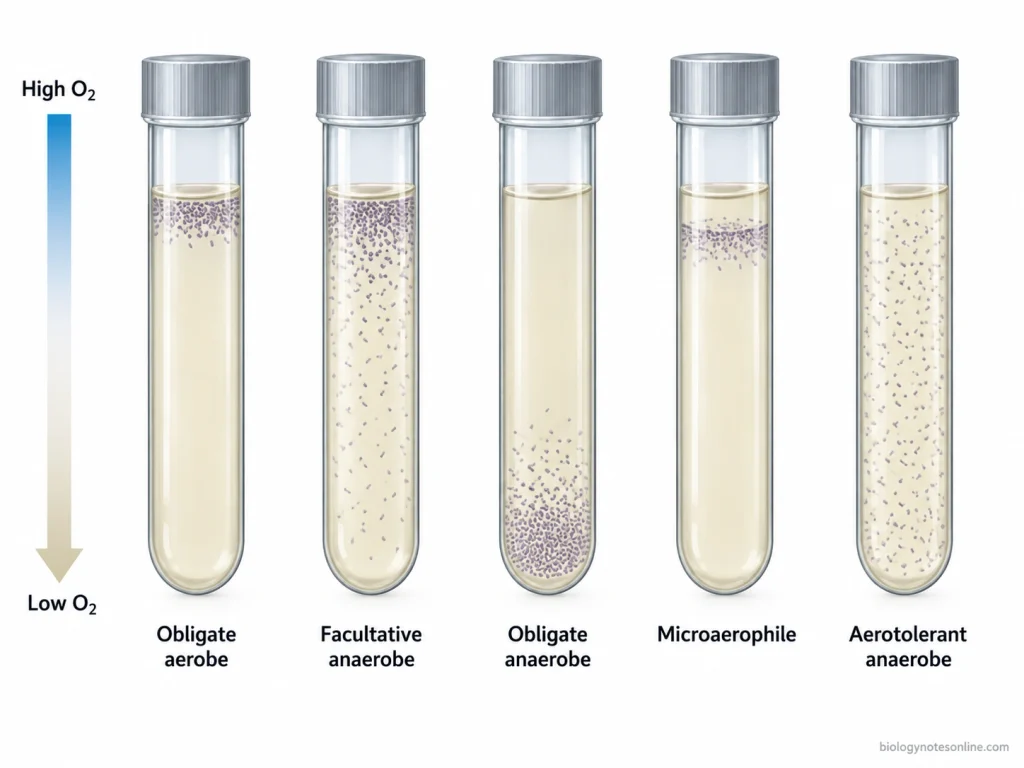 Five oxygen-gradient culture tubes showing the growth patterns of obligate aerobes, facultative anaerobes, obligate anaerobes, microaerophiles and aerotolerant anaerobes.