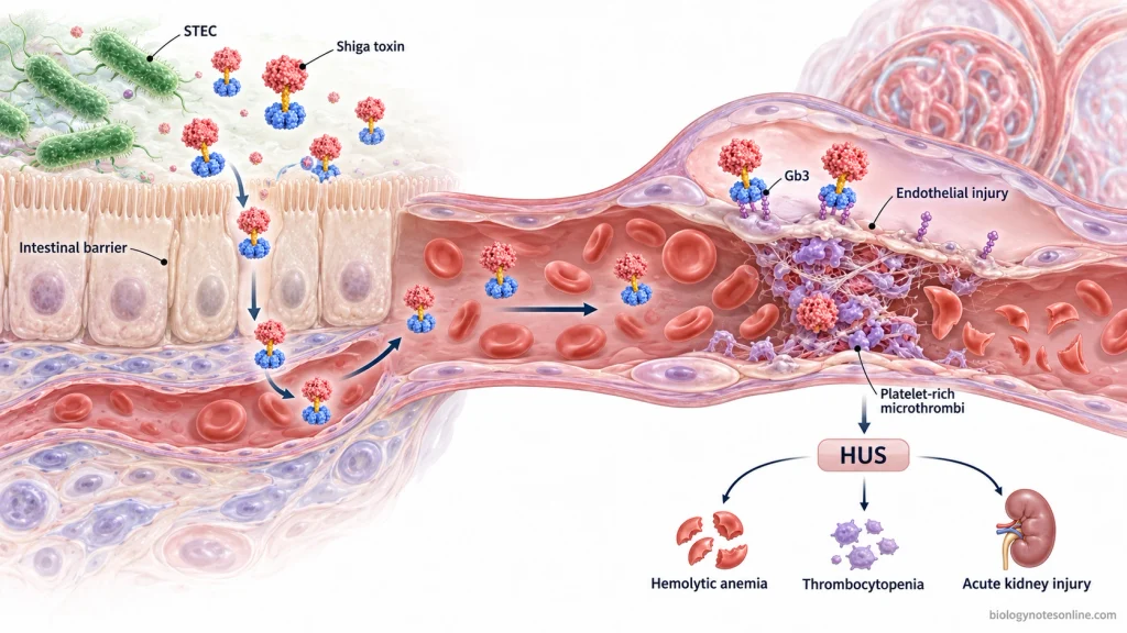 STEC in the intestine releases Shiga toxin that reaches renal microvasculature, causes endothelial injury and microthrombi, and leads to hemolytic anemia, thrombocytopenia and acute kidney injury.