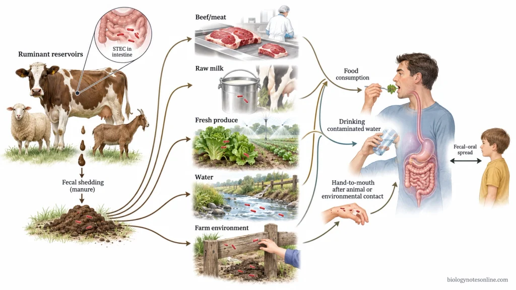 STEC transmission pathways from cattle and other ruminant reservoirs through manure, meat, raw milk, produce, water and farm environments to human exposure and person-to-person spread.