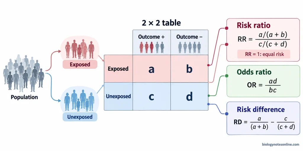 Two-by-two epidemiology table showing exposed and unexposed groups with and without an outcome and how RR, OR, and risk difference are calculated.