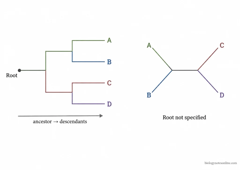 Comparison of rooted and unrooted phylogenetic trees, showing that the rooted tree specifies an ancestral root and direction of descent while the unrooted tree does not.