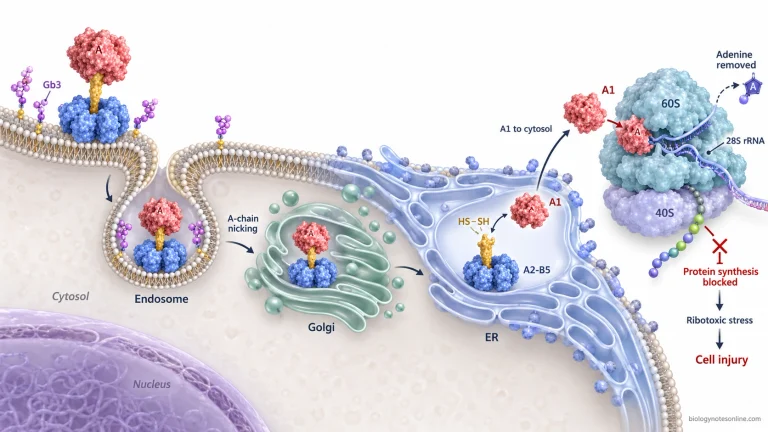 Shiga toxin binds Gb3, enters an endosome, moves retrogradely through the Golgi and ER, releases A1 into the cytosol and damages 28S rRNA to inhibit protein synthesis.