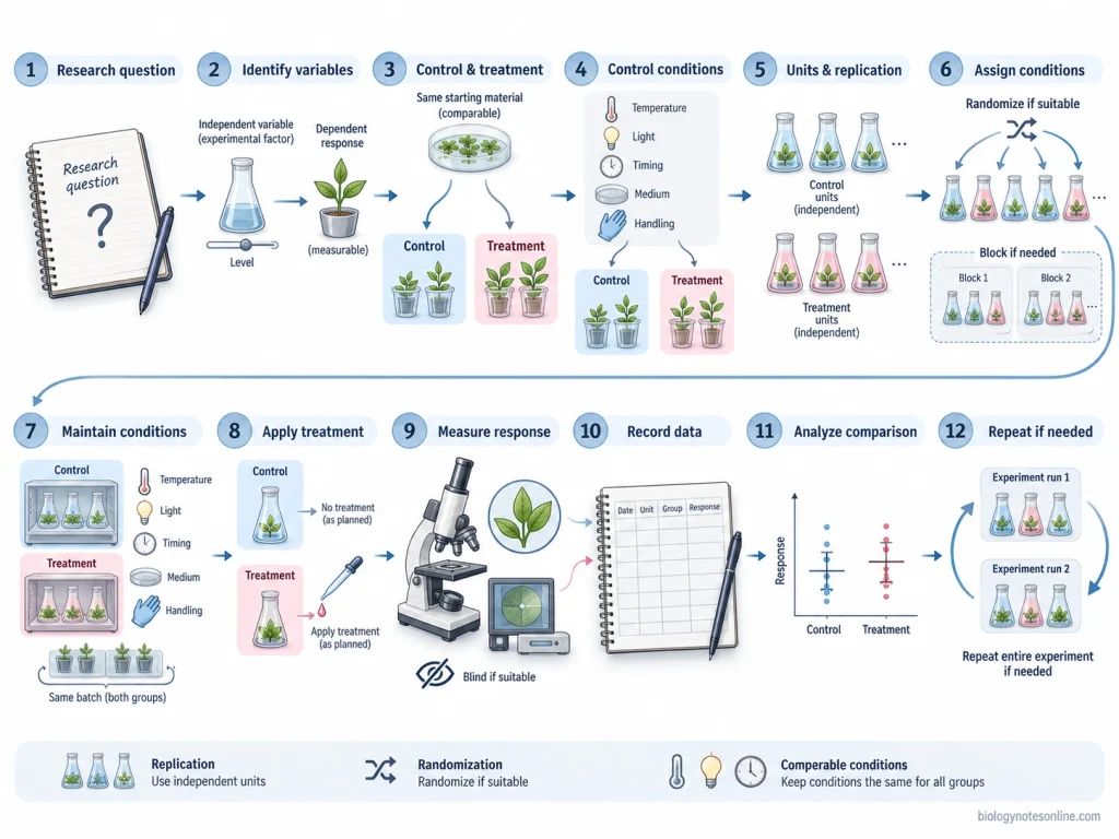 Twelve-step workflow from defining a research question and experimental variables through controls, replication, assignment, treatment, measurement, analysis, and independent repetition.