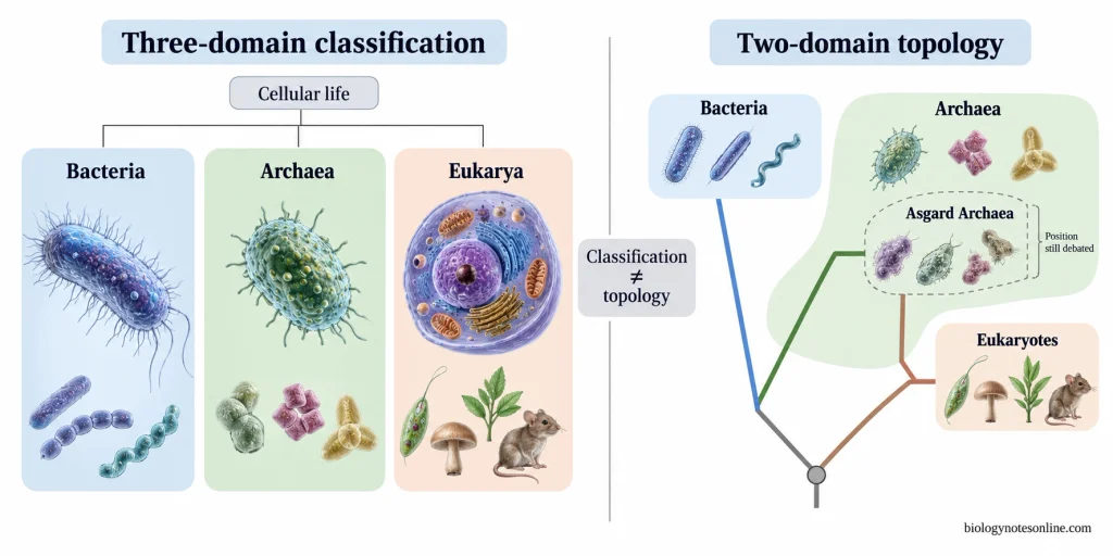 Three-Domain System (Carl Woese’s Classification): Basis and Domains 5 Comparison of the conventional three-domain classification with a two-domain evolutionary topology in which Eukaryotes emerge from within the archaeal lineage associated with Asgard Archaea.