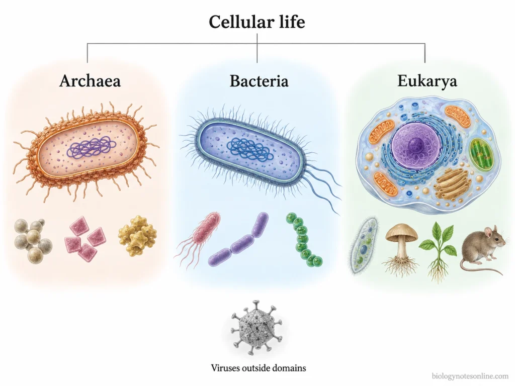 Three-Domain System (Carl Woese’s Classification): Basis and Domains 1 Three-domain classification showing cellular life divided into Archaea, Bacteria, and Eukarya, with viruses shown outside the three cellular domains.