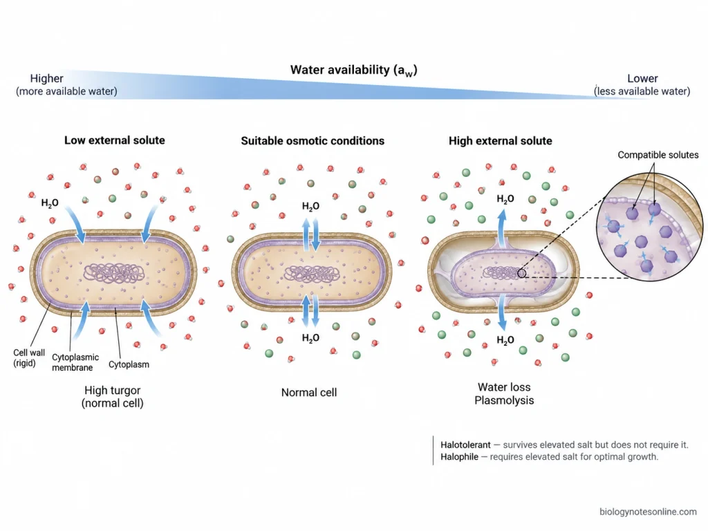 Bacterial cells under low and high external solute conditions showing water movement, turgor, plasmolysis and compatible-solute accumulation.