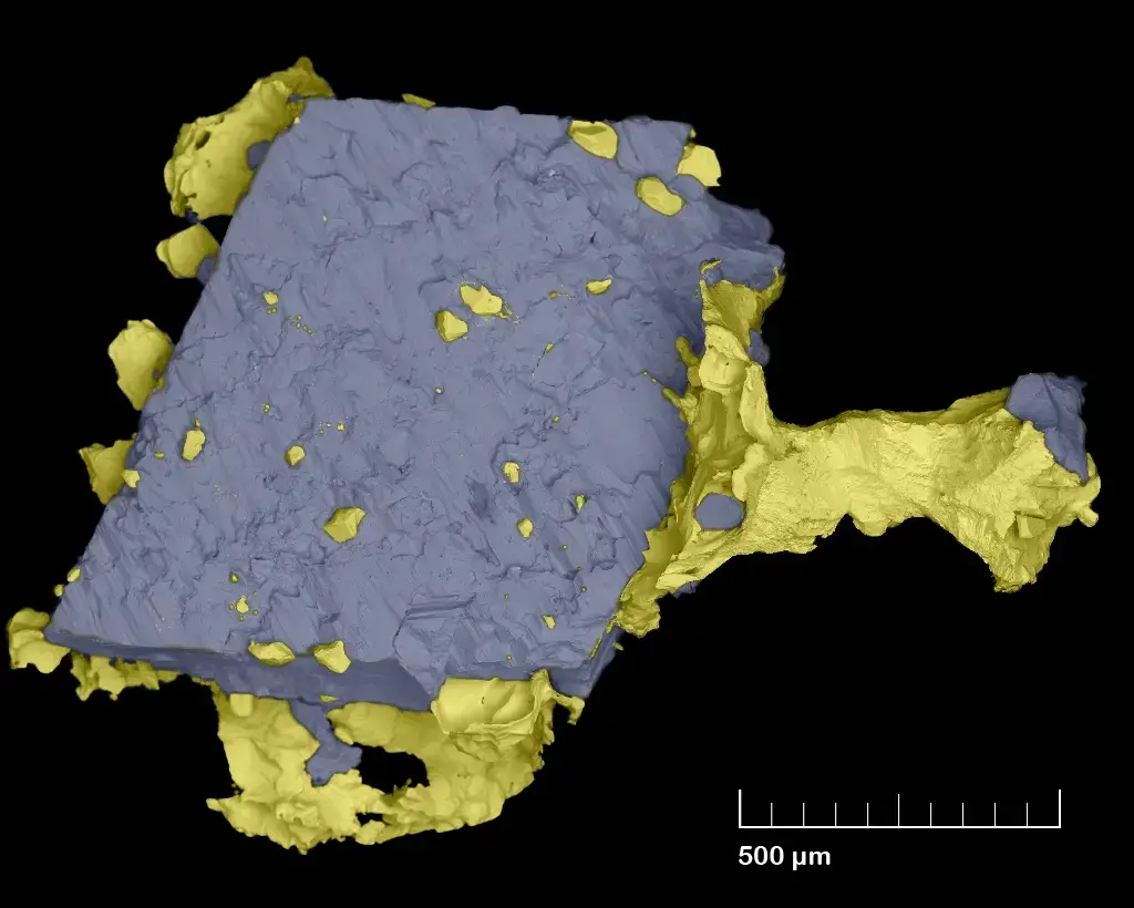 Scanning Electron Microscope (SEM) Images – Colored SEM image of native gold and arsenopyrite crystal intergrowth