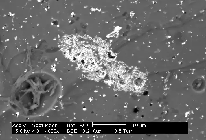 Scanning Electron Microscope (SEM) Images – Backscattered electron (BSE) image of an antimony-rich region in a fragment of ancient glass. Museums use SEMs for studying valuable artifacts in a nondestructive manner.