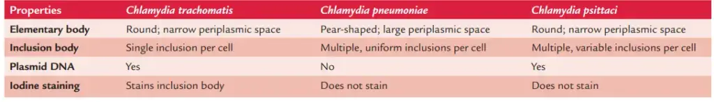 Differential features of Chlamydia species causing human diseases