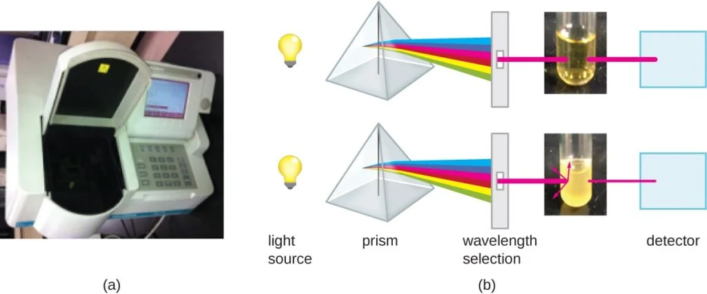 (a) A spectrophotometer, (b) A spectrophotometer works by splitting white light from a source into a spectrum. 