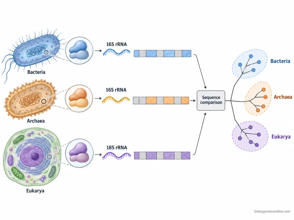 Three-Domain System (Carl Woese’s Classification): Basis and Domains 2 Schematic showing bacterial and archaeal 16S rRNA and eukaryotic 18S rRNA being compared to infer relationships among Bacteria, Archaea, and Eukarya.