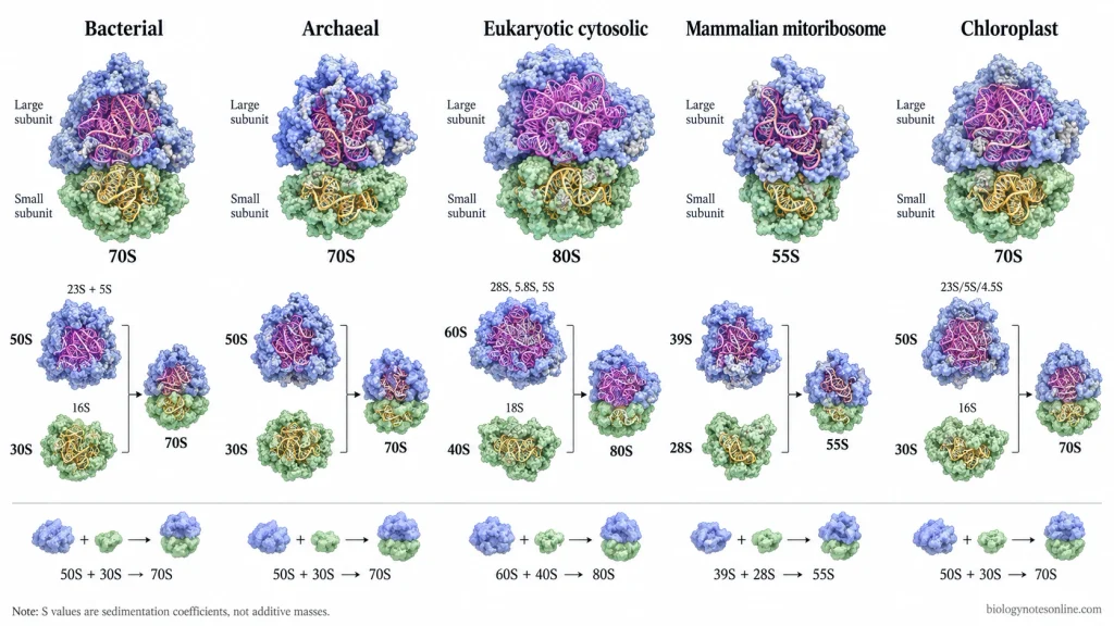 Comparison of bacterial and archaeal 70S ribosomes, eukaryotic cytosolic 80S ribosomes, mammalian 55S mitoribosomes and chloroplast 70S ribosomes with their subunits.