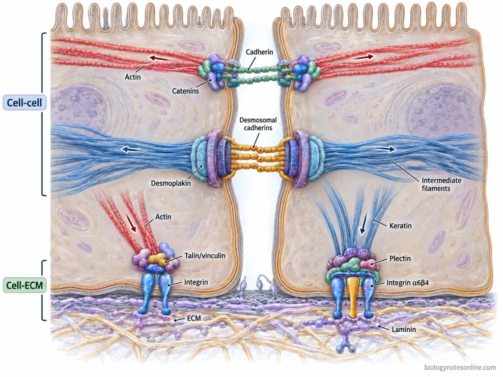 Comparison of adherens junctions, desmosomes, focal adhesions, and hemidesmosomes showing cell-cell or cell-matrix attachment to actin or intermediate filaments.
