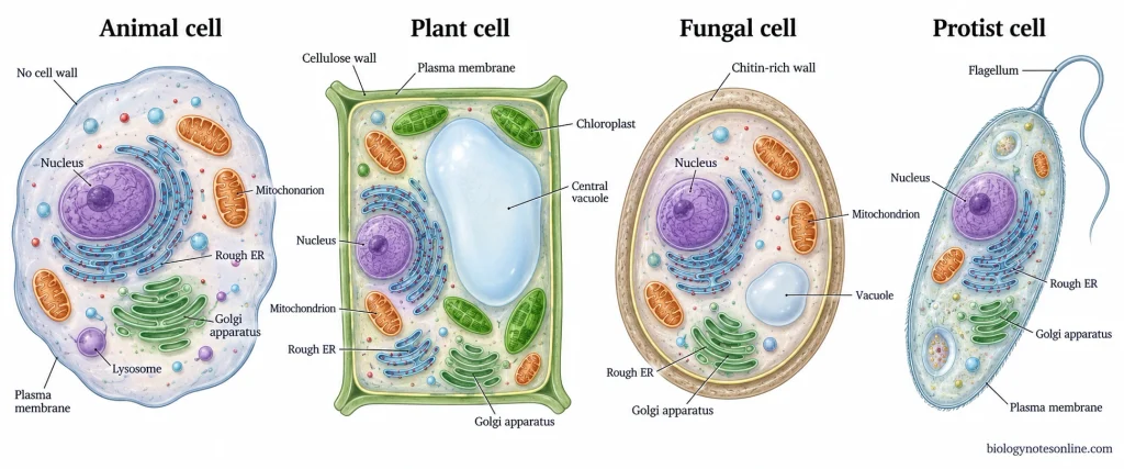 Comparison of animal, plant, fungal, and representative protist cells showing their shared eukaryotic nucleus and organelles along with differences in cell walls, chloroplasts, and vacuoles.