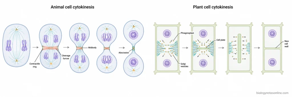 Mitosis - Definition, Stages, Process, and Importance 6 Comparison of animal-cell cytokinesis by actomyosin contractile ring and cleavage furrow with plant-cell cytokinesis by phragmoplast-guided cell-plate formation.